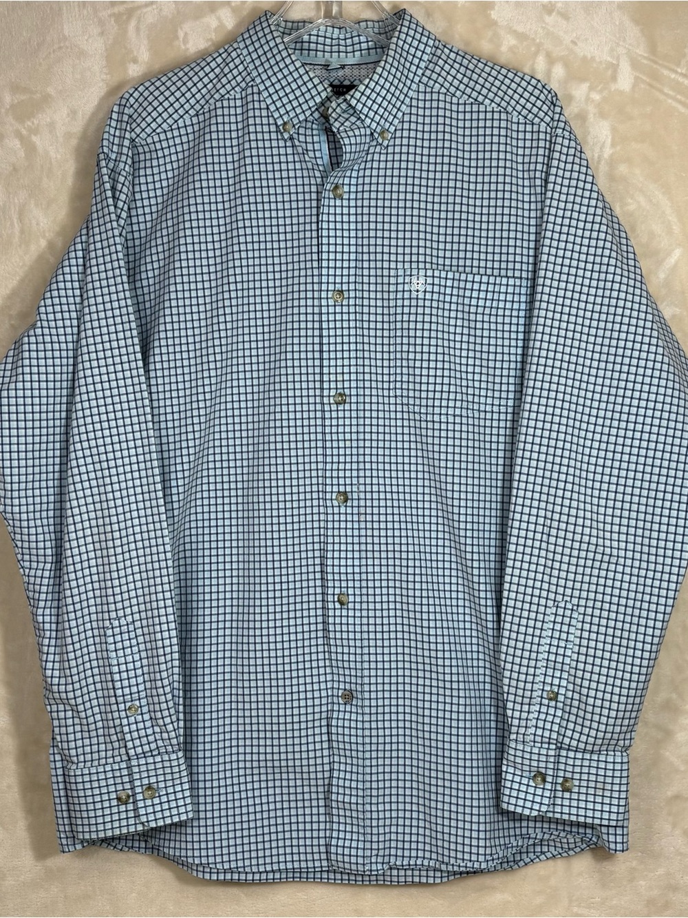 Ariat Pro Mens Western Shirt Blue Plaid Button Down Cotton Polyester Stretch L